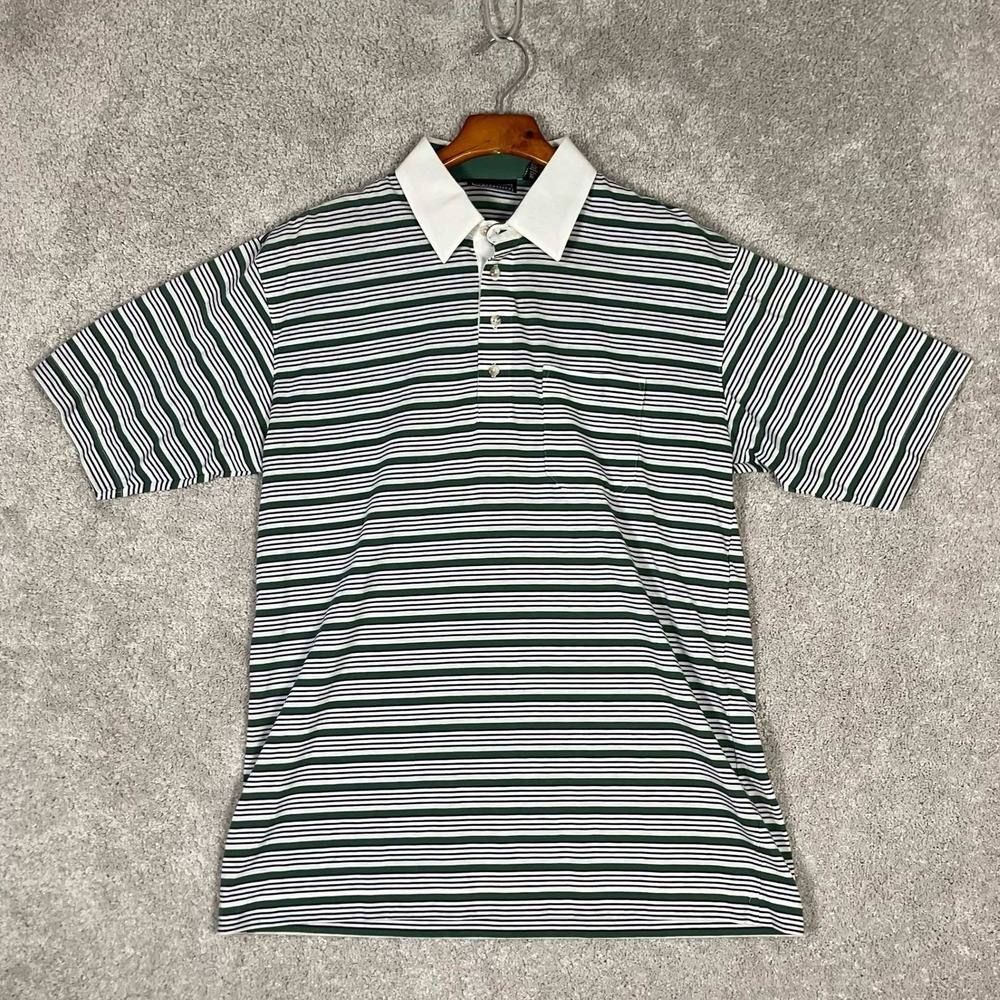 Vintage Jantzen Classics Mens Large Green White Striped Short Sleeve Polo Shirt